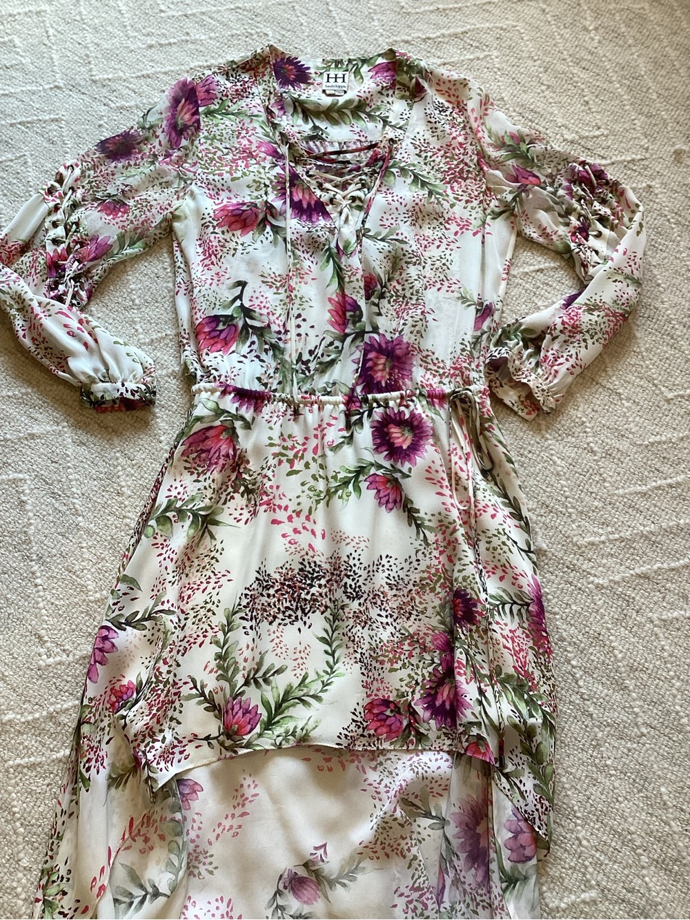 Haute Hippie White Floral High-Low Maxi Dress with Pink & Purple Blossoms